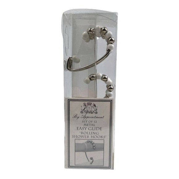 By Appointment Set of 12 Easy Glide Rolling Shower Hooks Silver & White Beads - Picture 1 of 7
